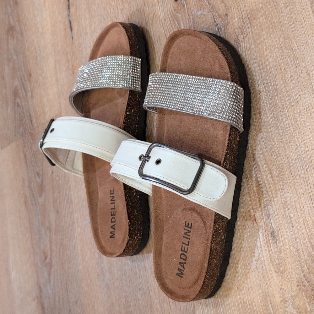 Madeline White Sandals with Silver Rhinestone Strap